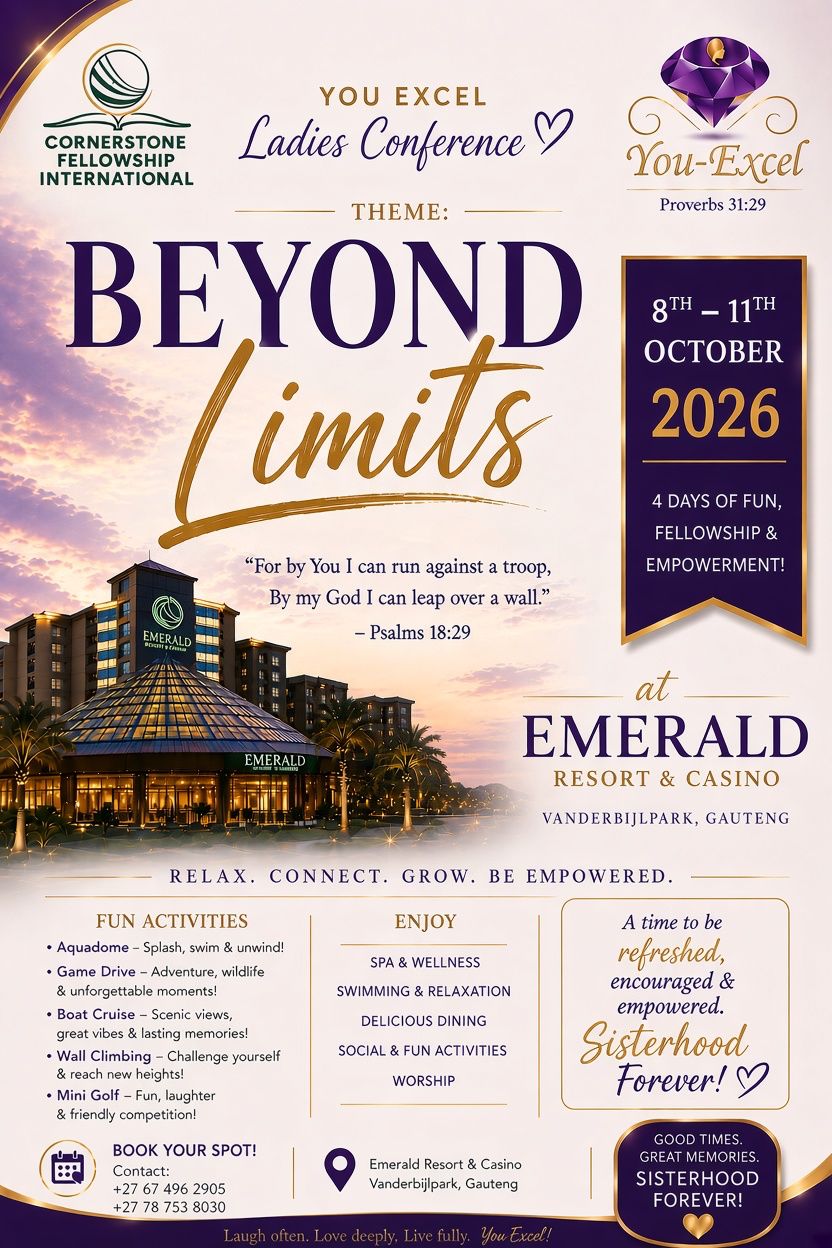 You Excel Ladies Conference 2026 poster: Beyond Limits, 8 to 11 October at Emerald Resort & Casino, Vanderbijlpark, hosted by Cornerstone Fellowship International